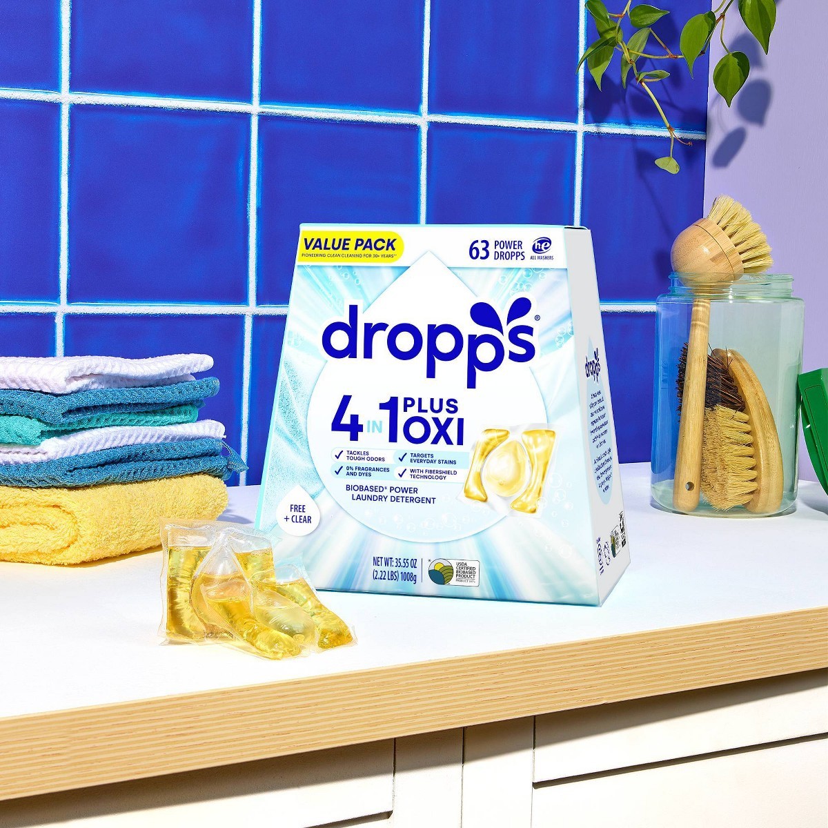 Dropps Unscented Free &Clear 4-in-1 Plus Oxi Power Biobased Pods 63 Pacs-35.55oz