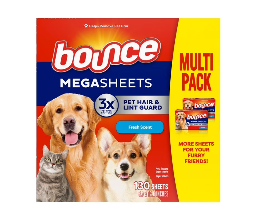 2 PACK bounce Pet Hair & Lint Guard MEGA DRYER SHEETS with 3X Pet Hair Fighter