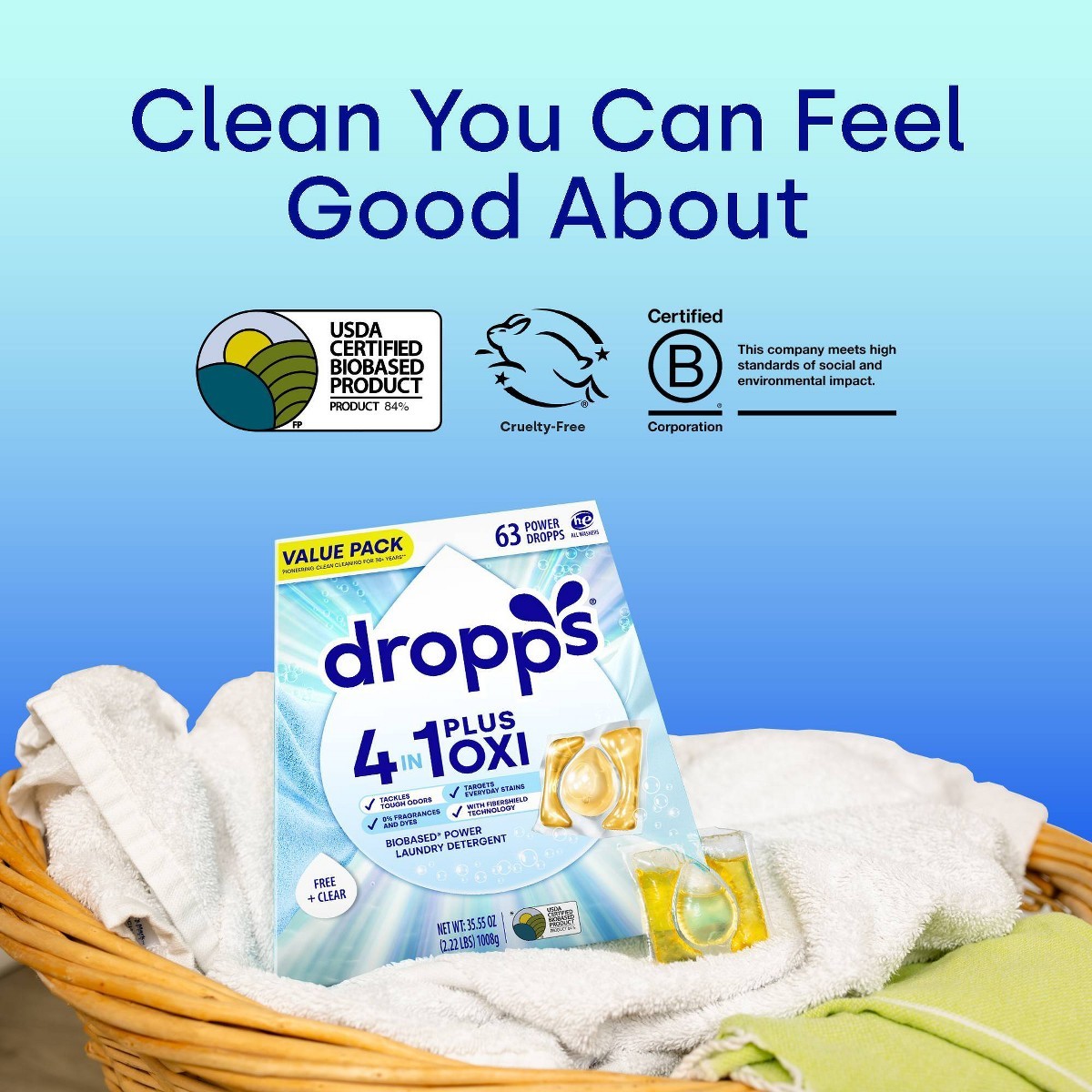 Dropps Unscented Free &Clear 4-in-1 Plus Oxi Power Biobased Pods 63 Pacs-35.55oz