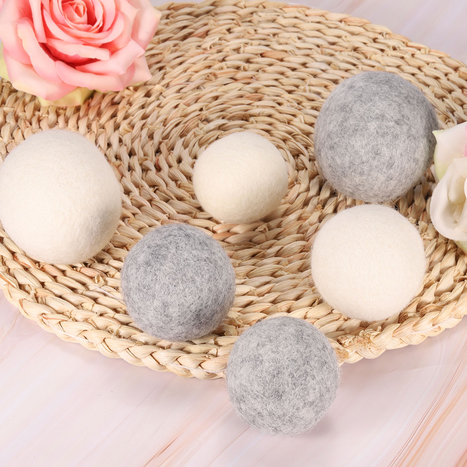 6Pcs Balls 2.6 Inches Wool Balls for Dryer White and Light Grey