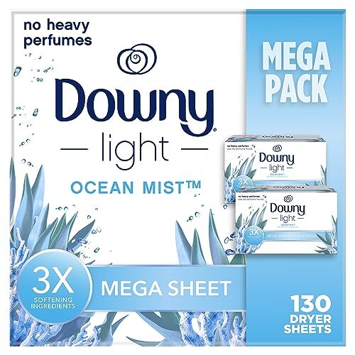 Downy Light Mega Dryer Sheets, Fabric Softener Dryer Sheets, Ocean Mist, 130 …