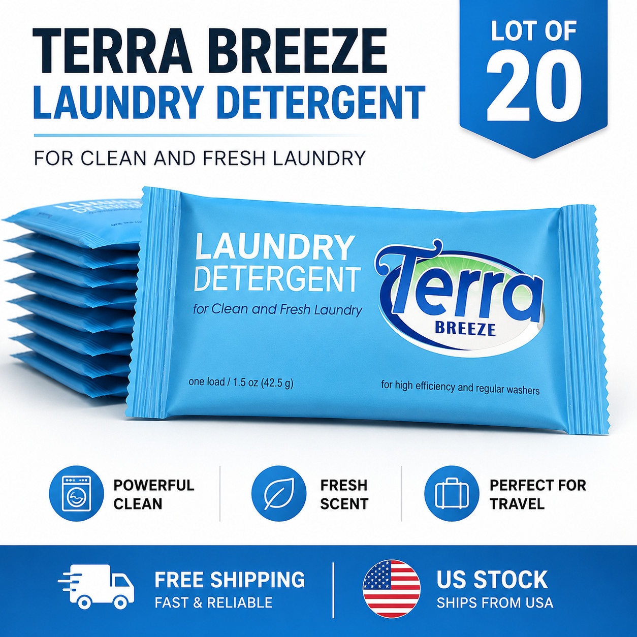 20 Terra Breeze Single Load Laundry Detergent Packets Fresh Scent Travel/Hotel