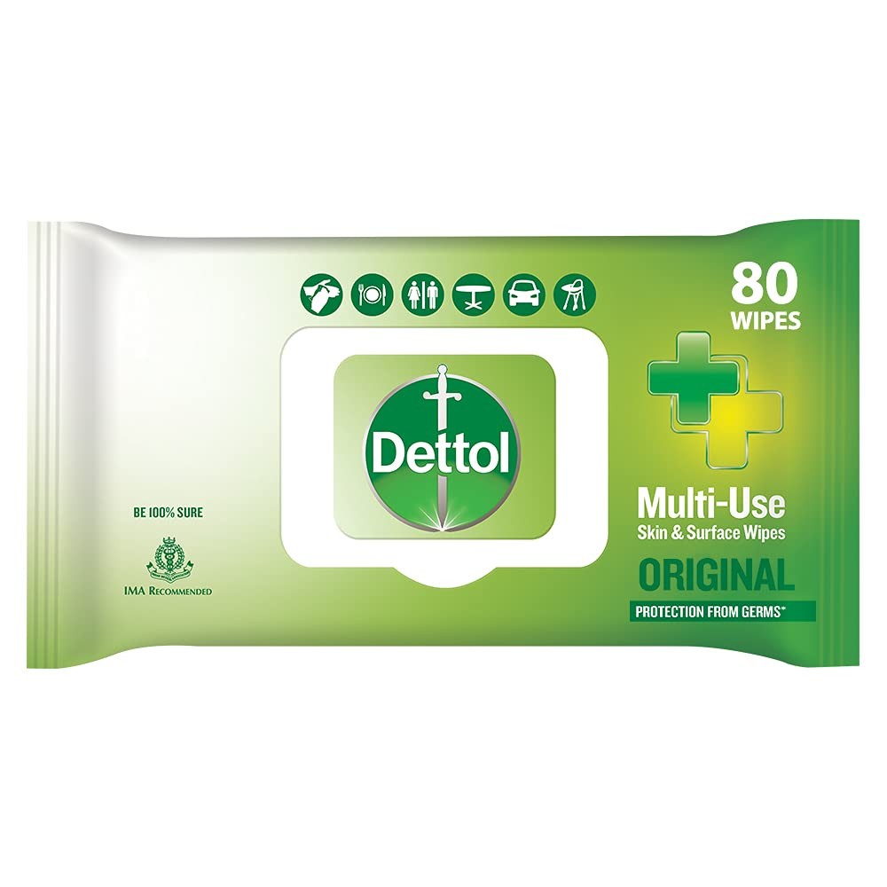 Dettol Disinfectant Wipes 80 Count – Safe for Skin & Surfaces, Moisture-Lock