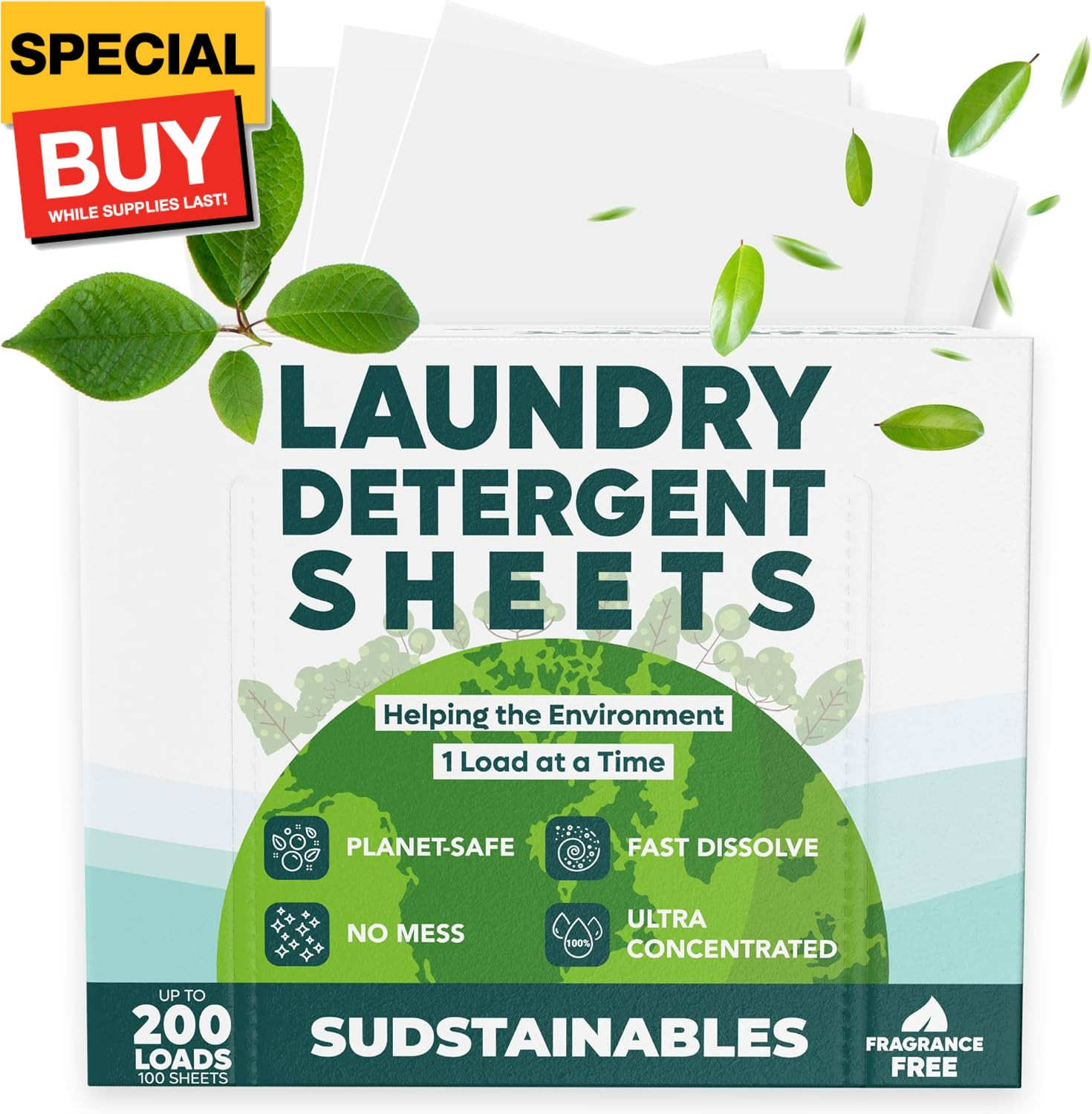 Eco Friendly Laundry Detergent Sheets – 200 Count, Unscented, Plastic Free, Zero