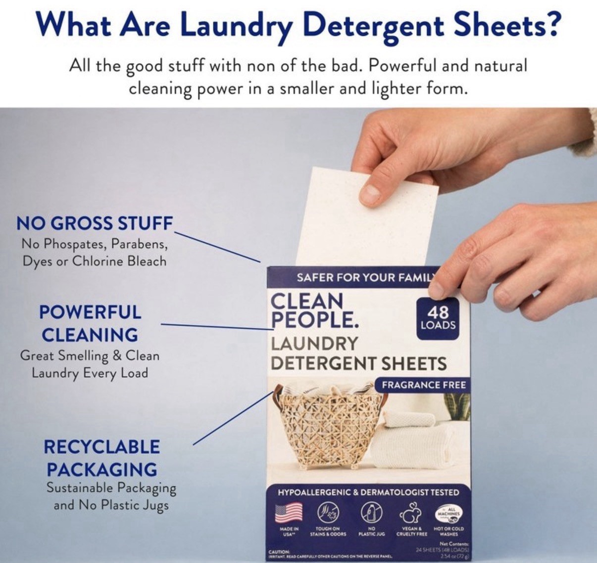 Clean People Laundry Detergent Sheets Fragrance Free Hypoallergenic 48 Loads x 2