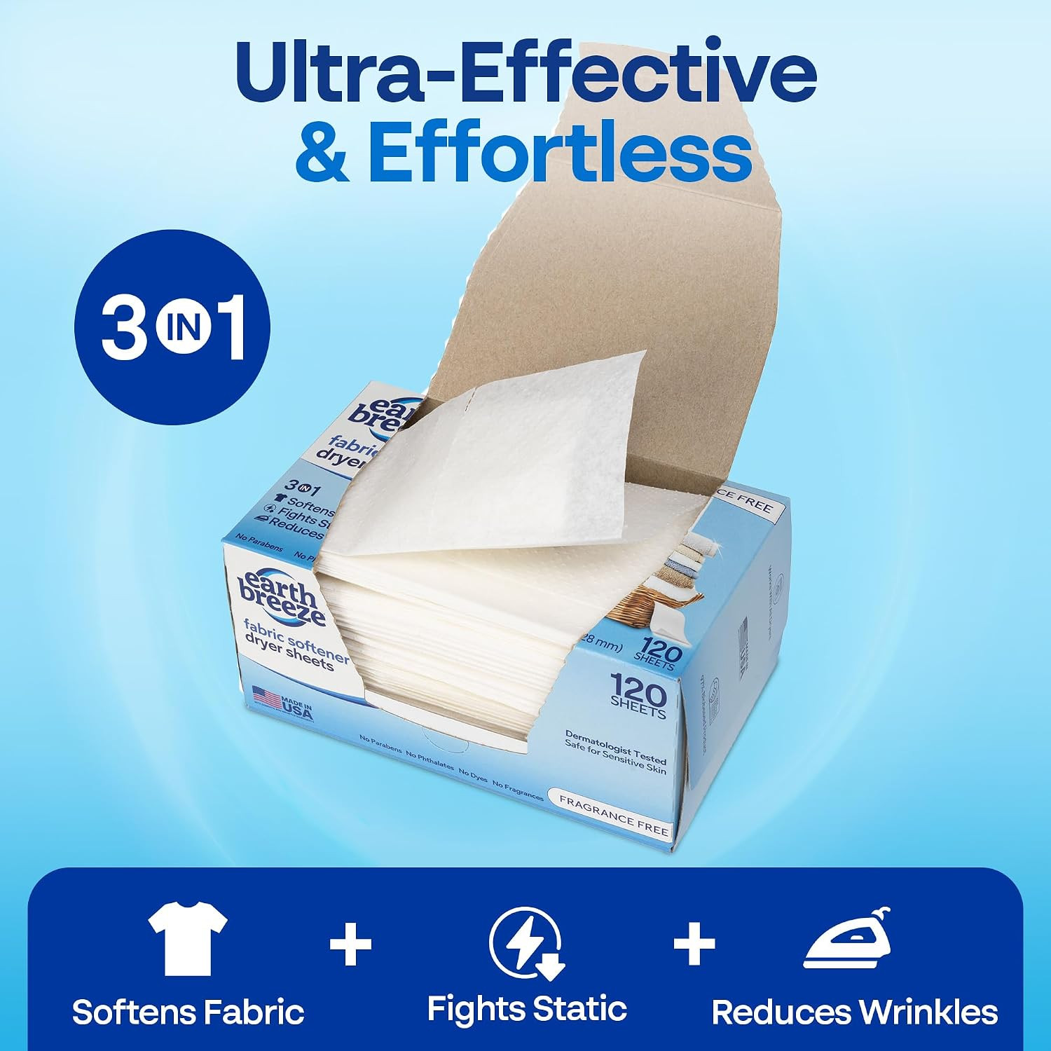 Earth Breeze Fabric Softener Dryer Sheets – Fragrance Free, Hypoallergenic, No H