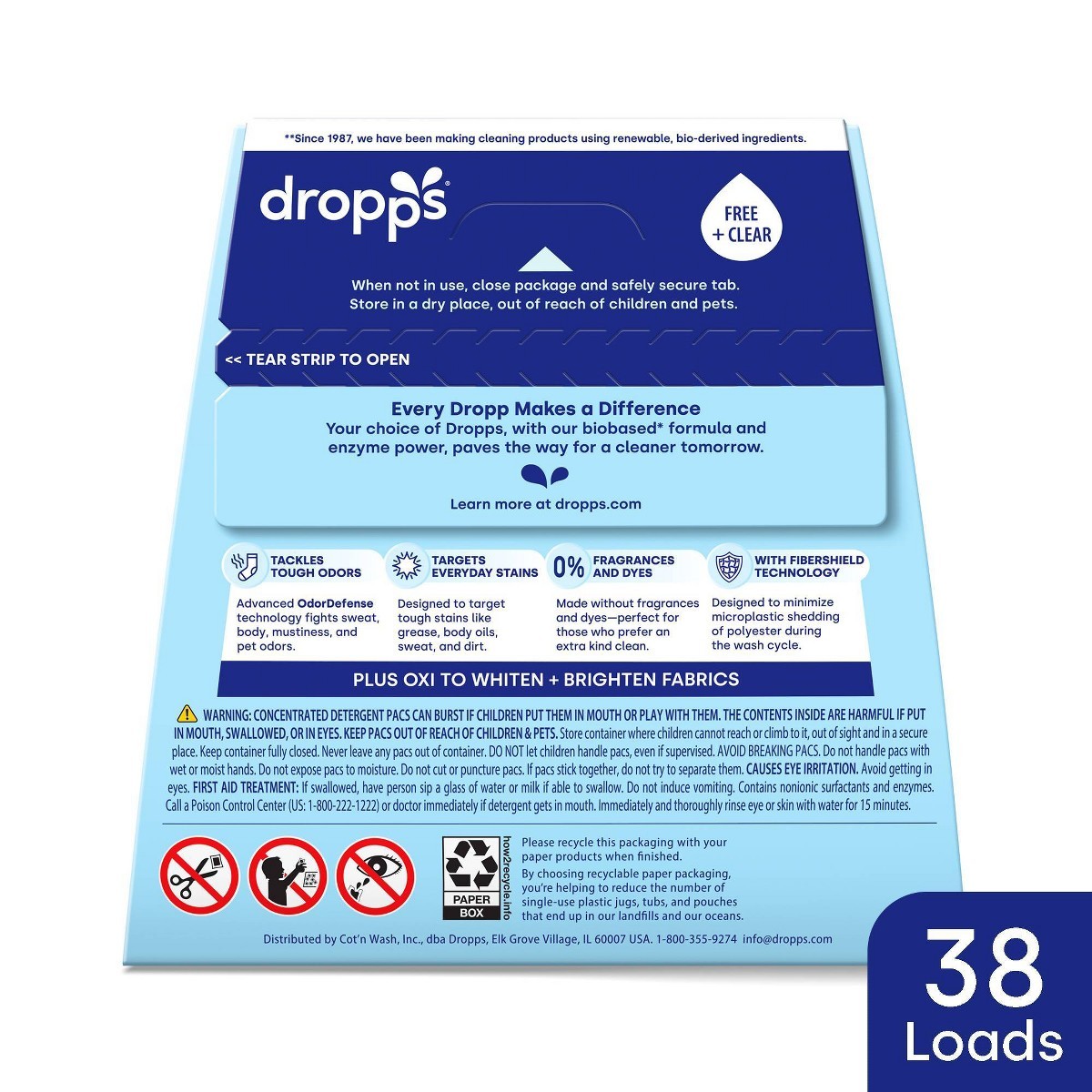 Dropps Unscented Free & Clear 4-in-1 Plus Power Detergent Pods 38 Pacs – 21.44oz