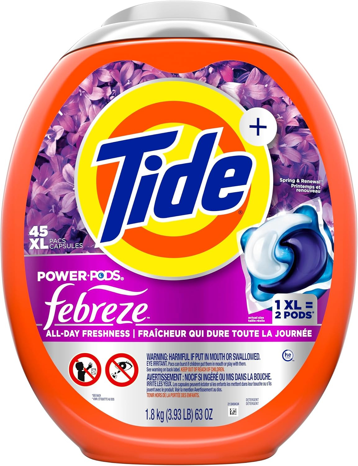 Tide Power Pods with Febreze Laundry Detergent Pacs, 45 Count, Spring & Renewal