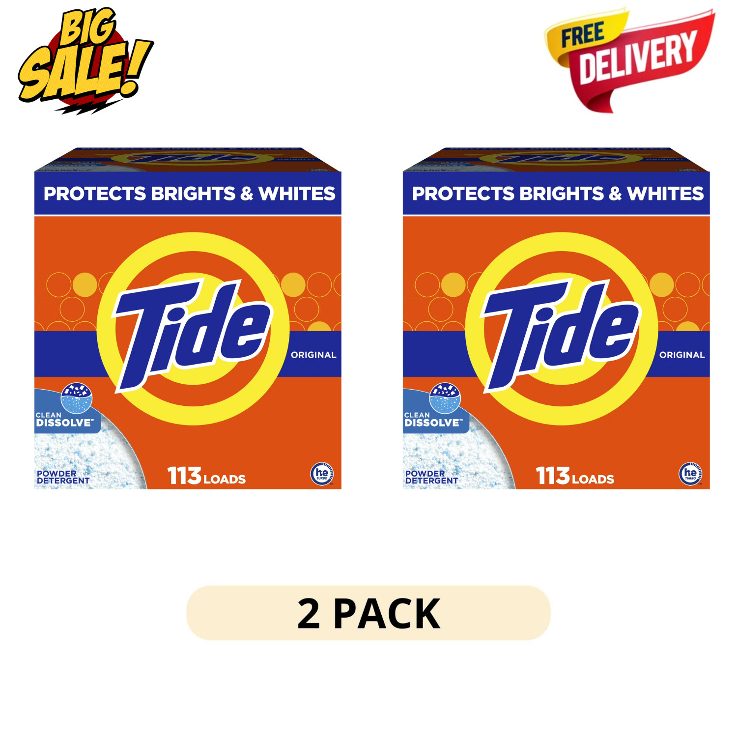 2 Pack Tide Powder Laundry Detergent Original Scent 129oz 113 Loads High Efficie