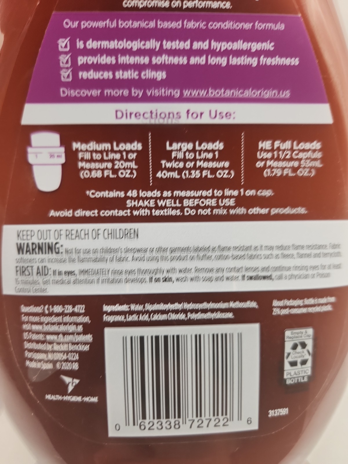Botanical Origin Plant-Based Fabric Softener Hypoallergenic Jasmine Lavend 32.46