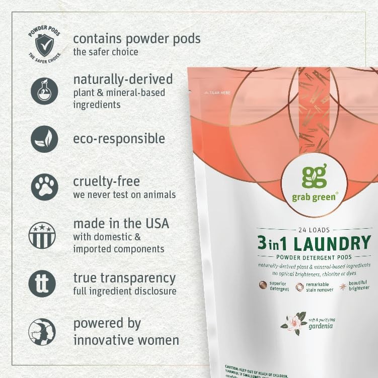 Grab Green 3in1 Laundry Detergent Pods 24 Count Natural Gardenia Scent