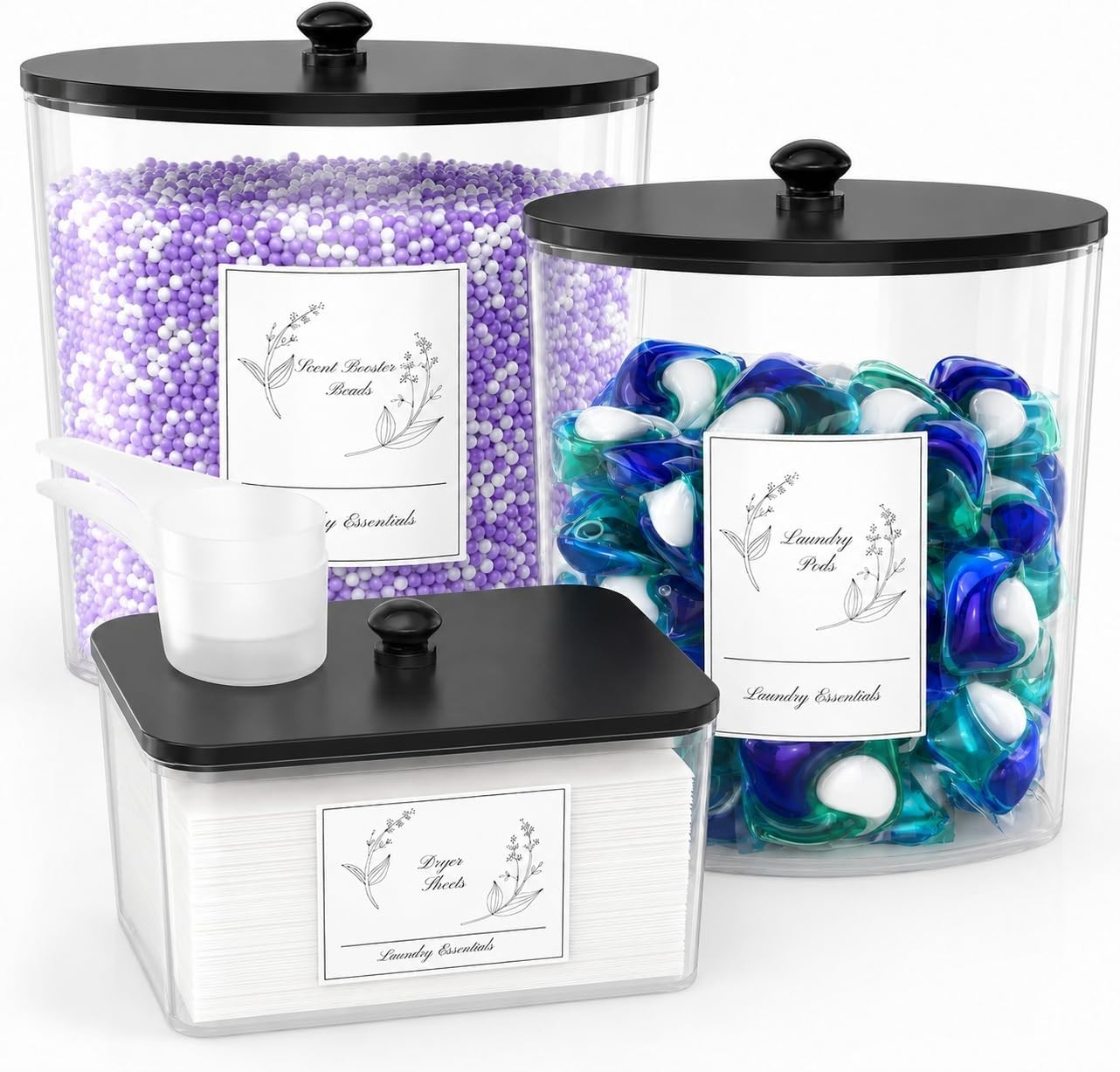 3 Pack Clear Laundry Powder Container & Dryer Sheet Holder,Black Lid | Modern…