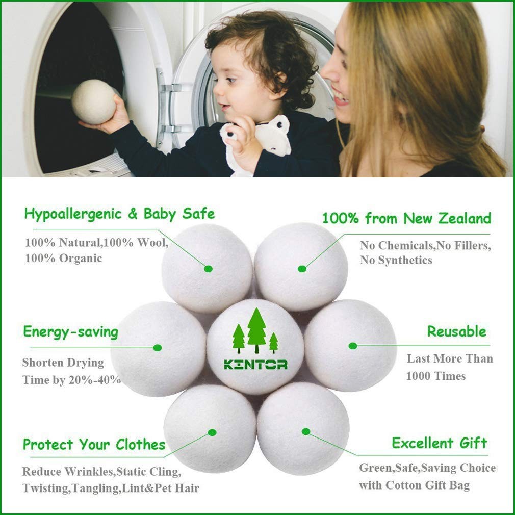 KINTOR Wool Dryer Balls XL 6 Pack 2.95, 100 New Zealand Wool Organic Fabric S…