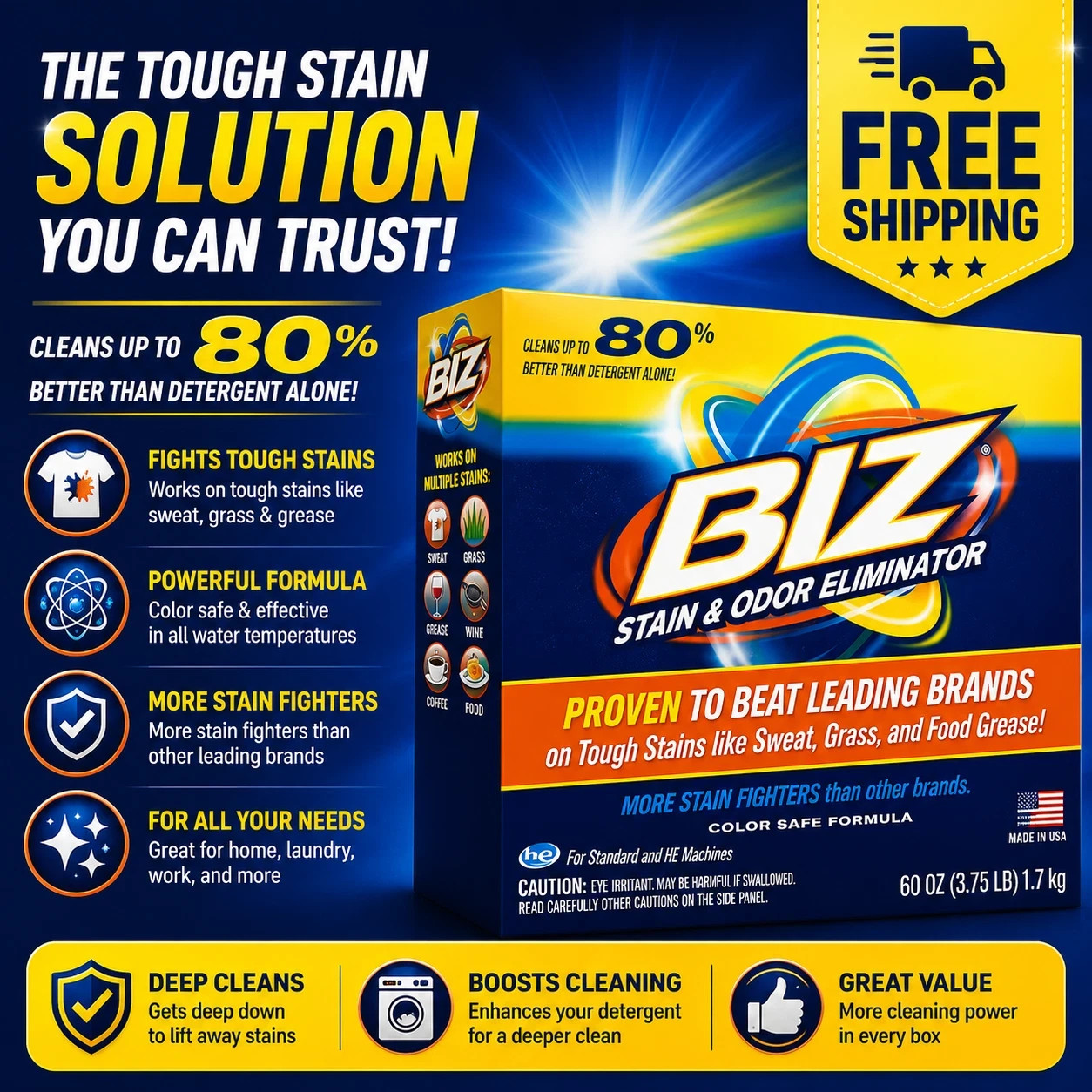 BIZ Stain and Odor Eliminator Powder for Tough Stains, 60 oz -Free Shipping