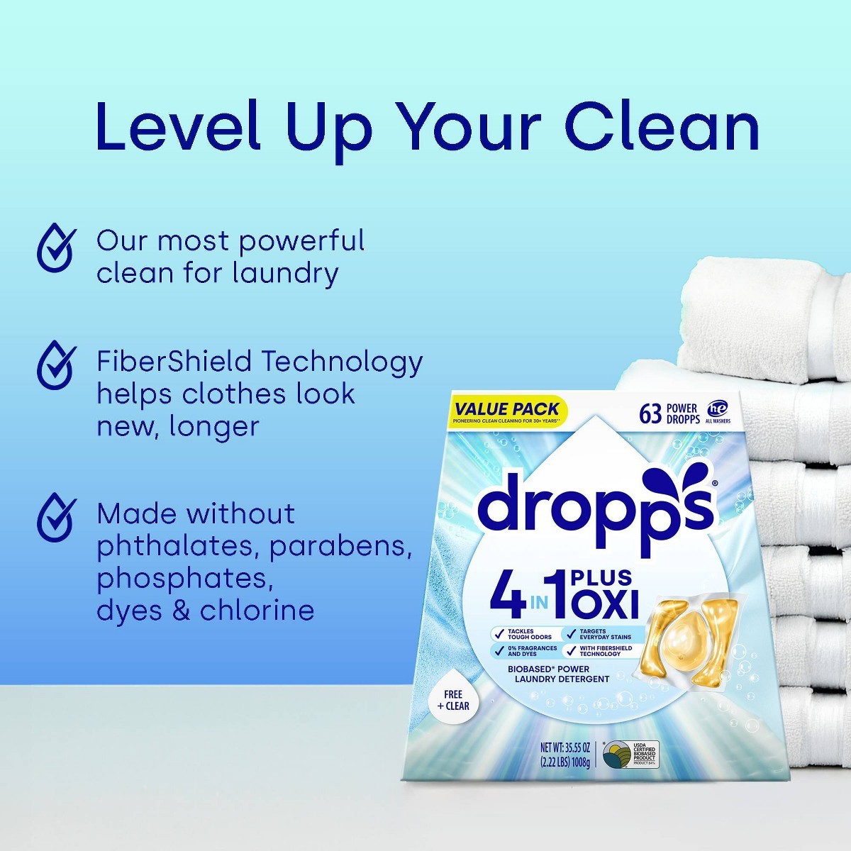 Dropps Unscented Free &Clear 4-in-1 Plus Oxi Power Biobased Pods 63 Pacs-35.55oz