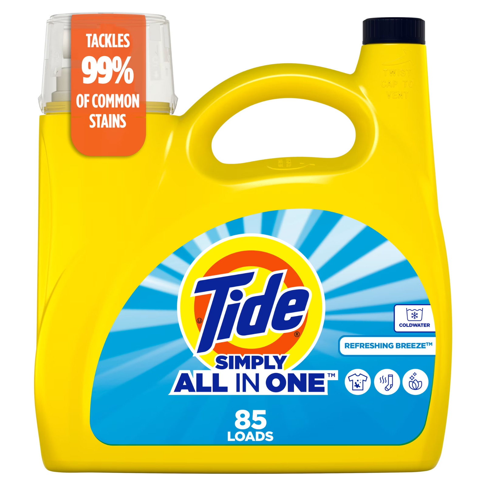 Tide Simply Laundry Detergent Liquid, All-In-One, Refreshing Breeze Scent, 85 Lo