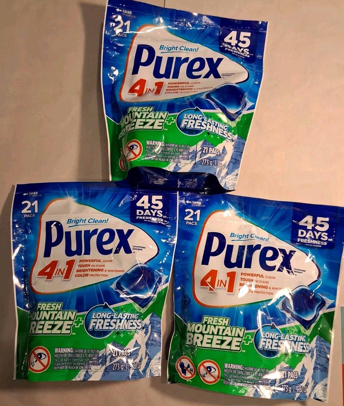 3 Count Purex 4-in-1 Laundry Detergent Pacs Fresh Mountain Breeze 63 Pacs Total