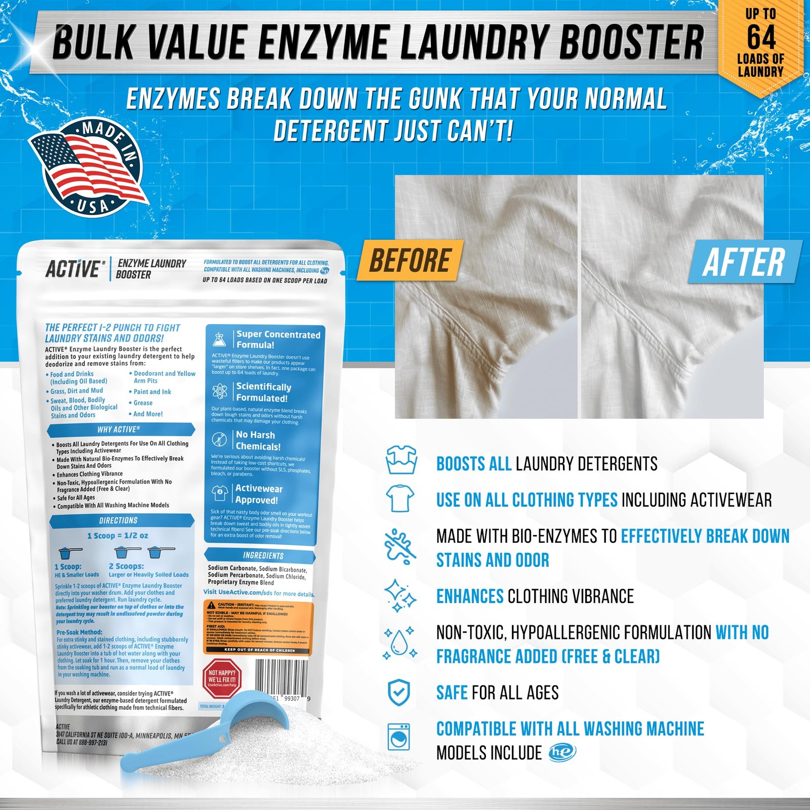 Enzyme Laundry Booster Odor Remover – 2 lbs 32 Ounce (Pack of 1), White