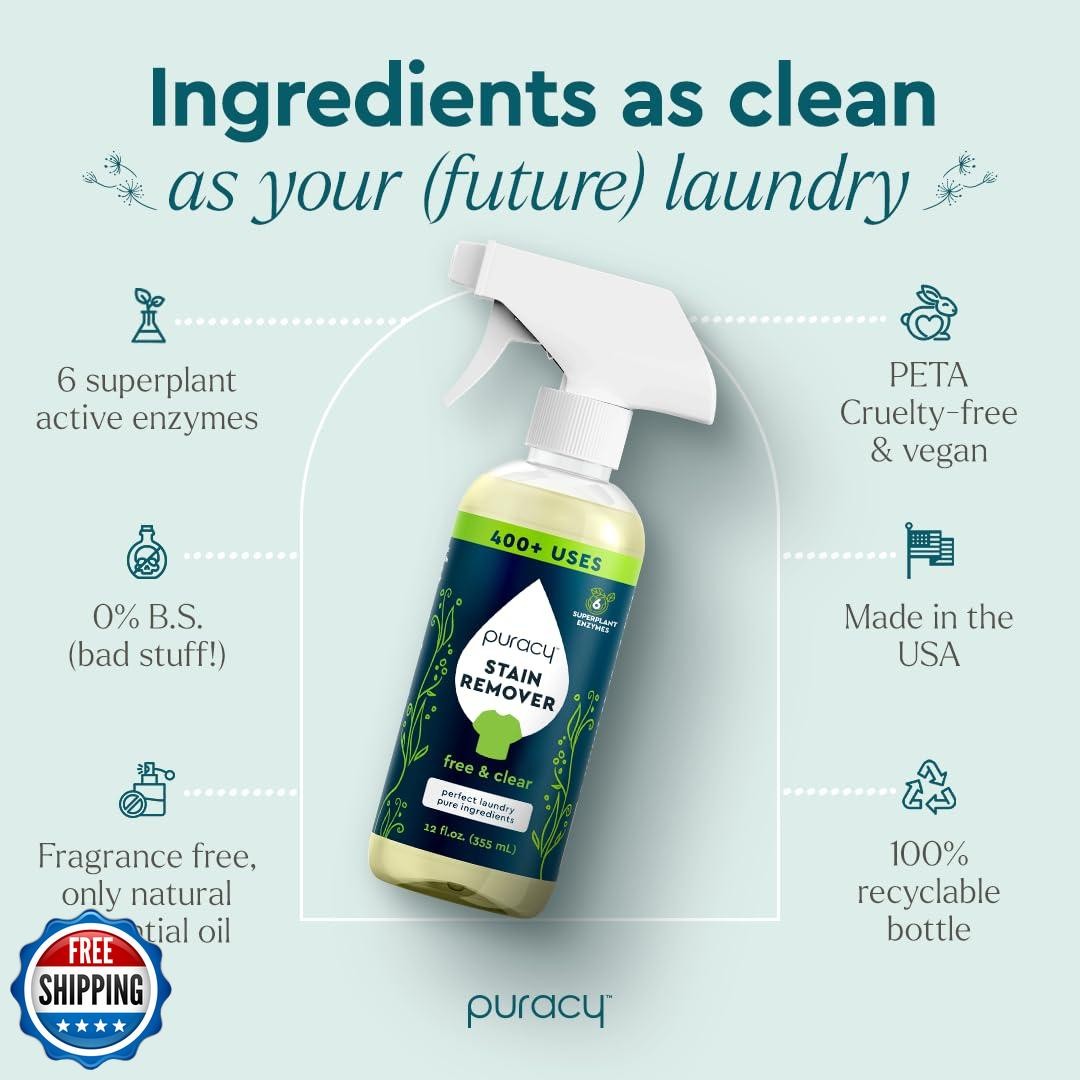 Puracy Stain Remover Spray, Natural Travel and Laundry Stain Cleaner for Clot
