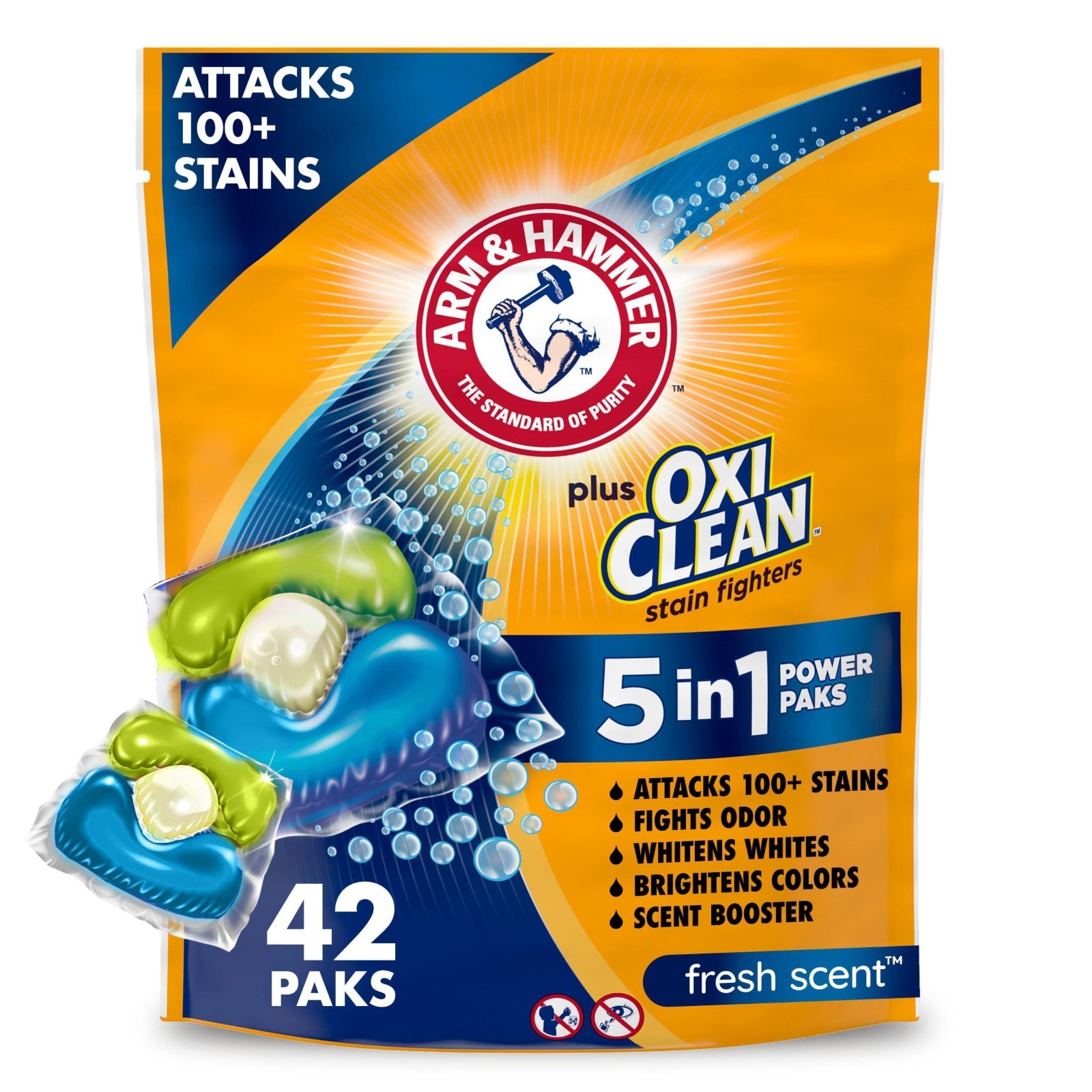 Arm & Hammer Plus OxiClean Power Paks – 42 Count 5-in-1 Laundry Detergent Pods..