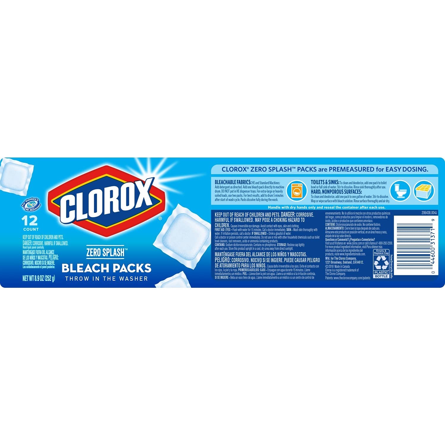 Clorox Zero Splash Bleach Packs – Laundry Pods, 4 Pack, Regular scent, Tablet…