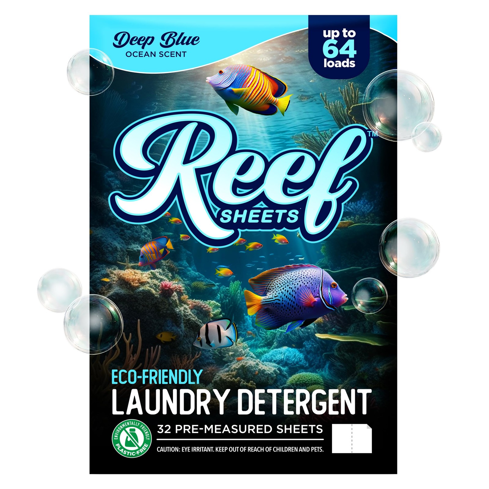 Reef Sheets Laundry Detergent Sheets, Deep Blue Ocean Scent, 32ct | 64 Loads, Hy