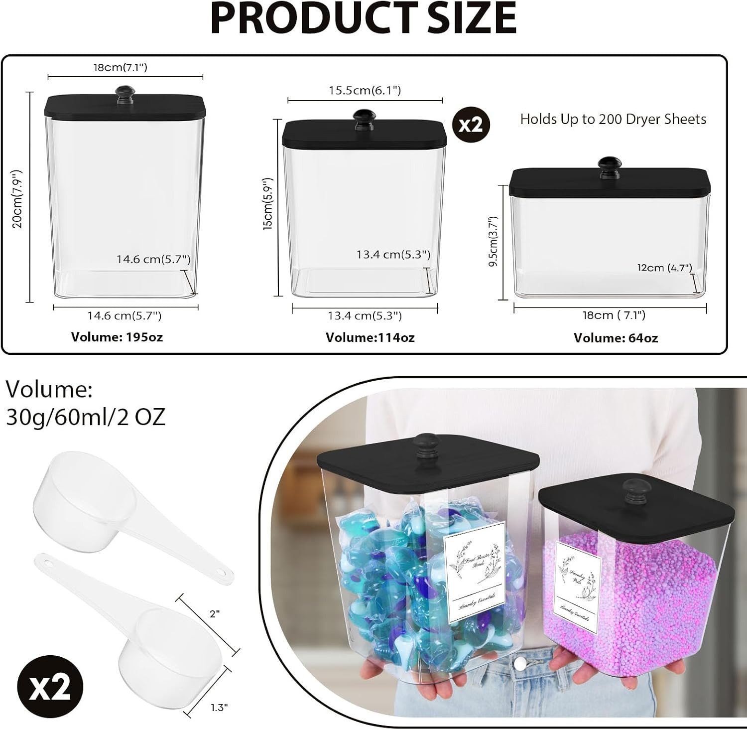 COAZEX 4 Pack Clear Laundry Pods Container & Dryer Sheet Holder, Plastic Square