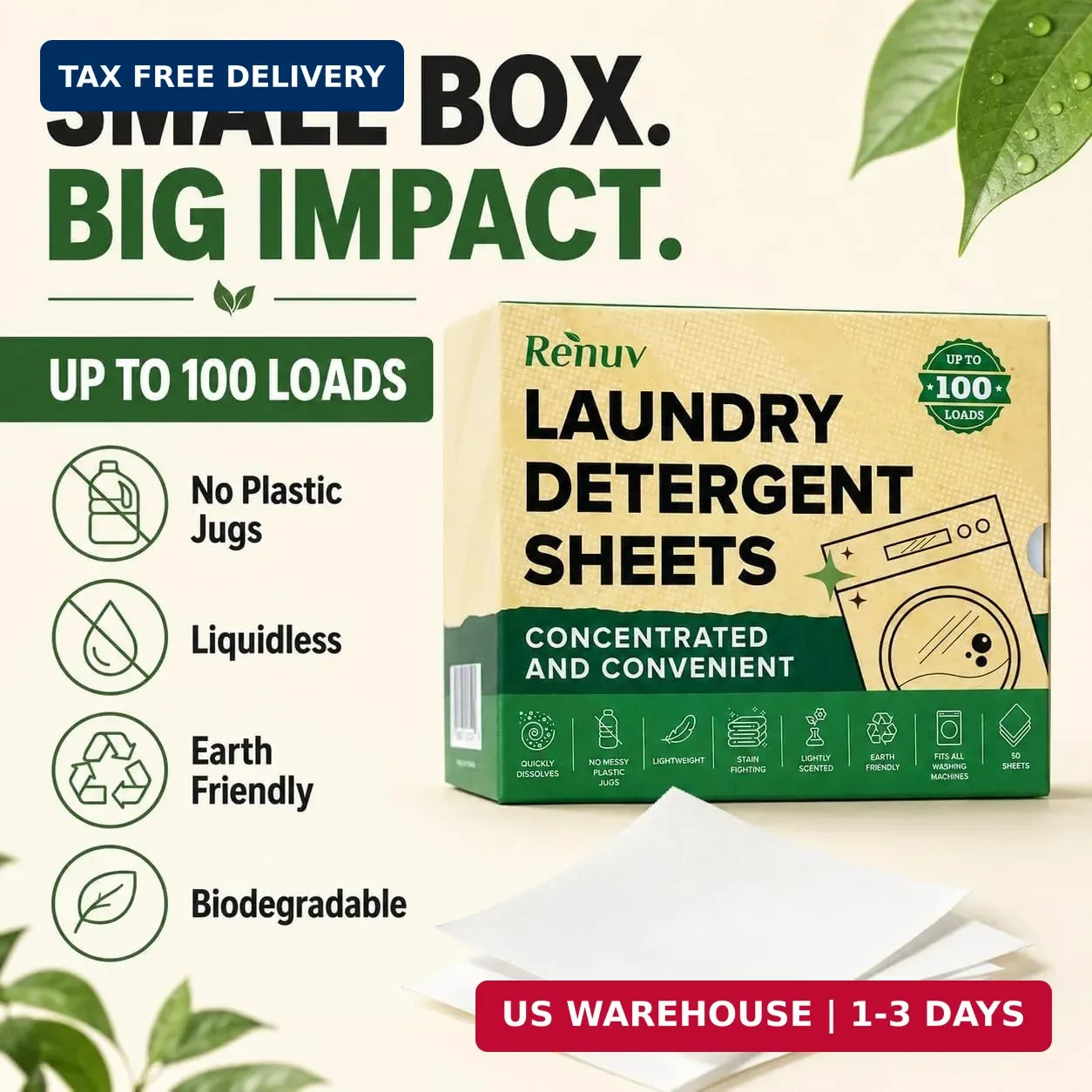 Renuv® Laundry Detergent Sheets, 50 Sheets, up to 100 Loads | Eco Friendly, Sust