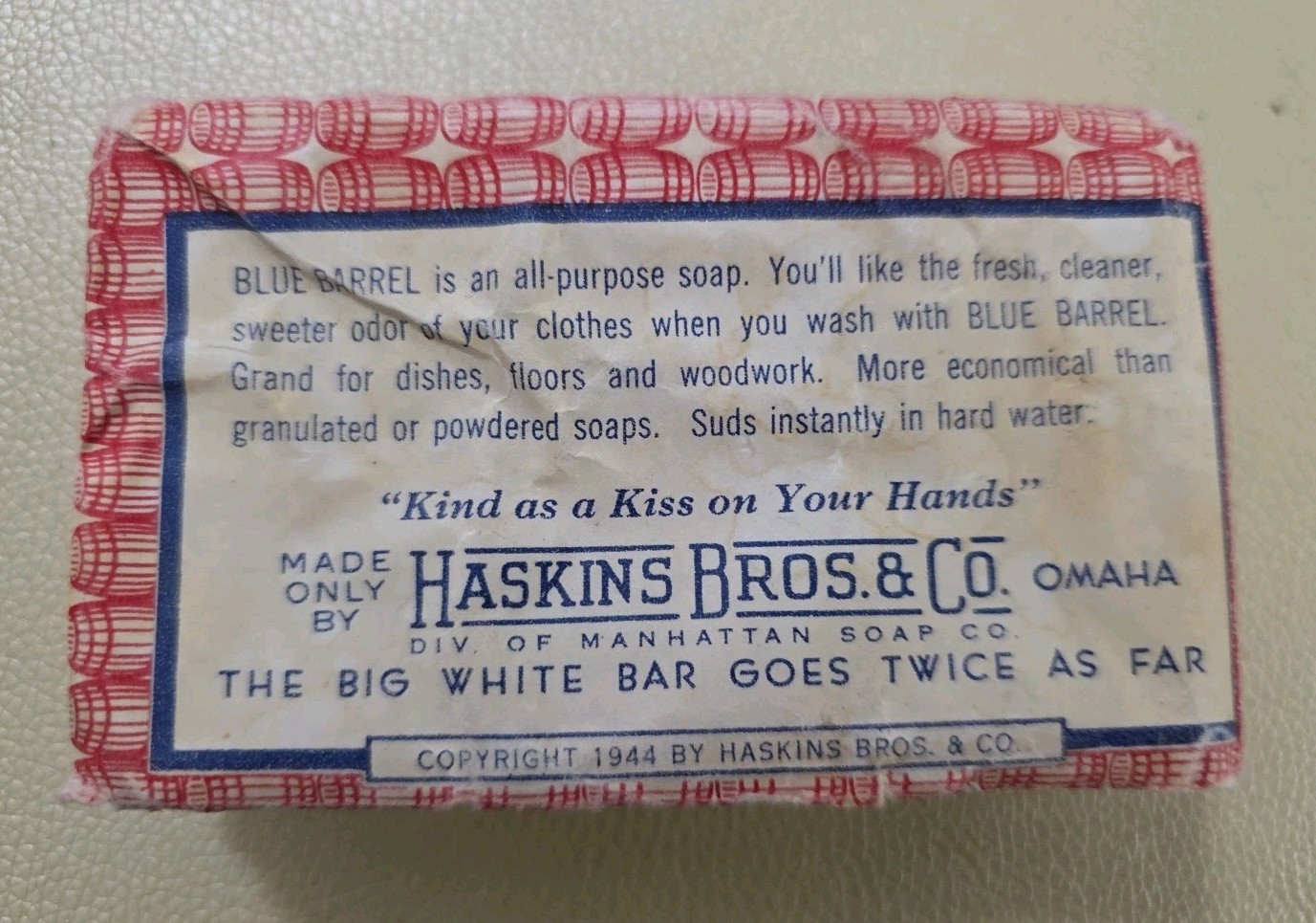 Haskins Bros & Co Blue Barrel White Soap 1944 Omaha Big White Bar Vintage