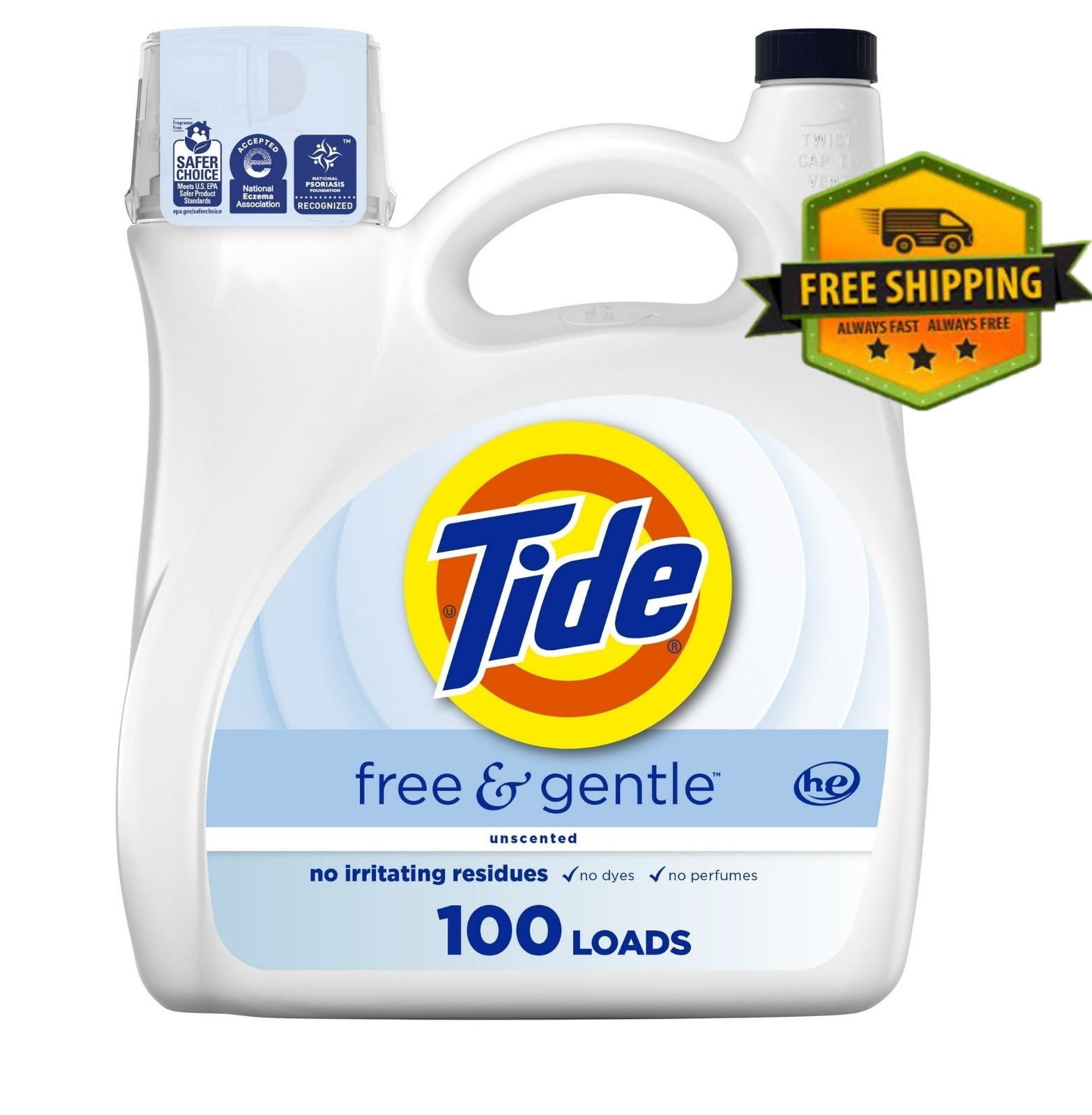 Tide Free & Gentle Liquid Laundry Detergent, 132 fl oz, enough for 100 loads