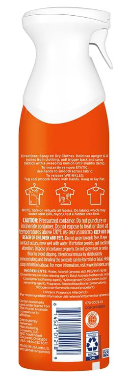 Bounce Anti Static Spray, Wrinkle Release, Odor Eliminator, 9.7oz