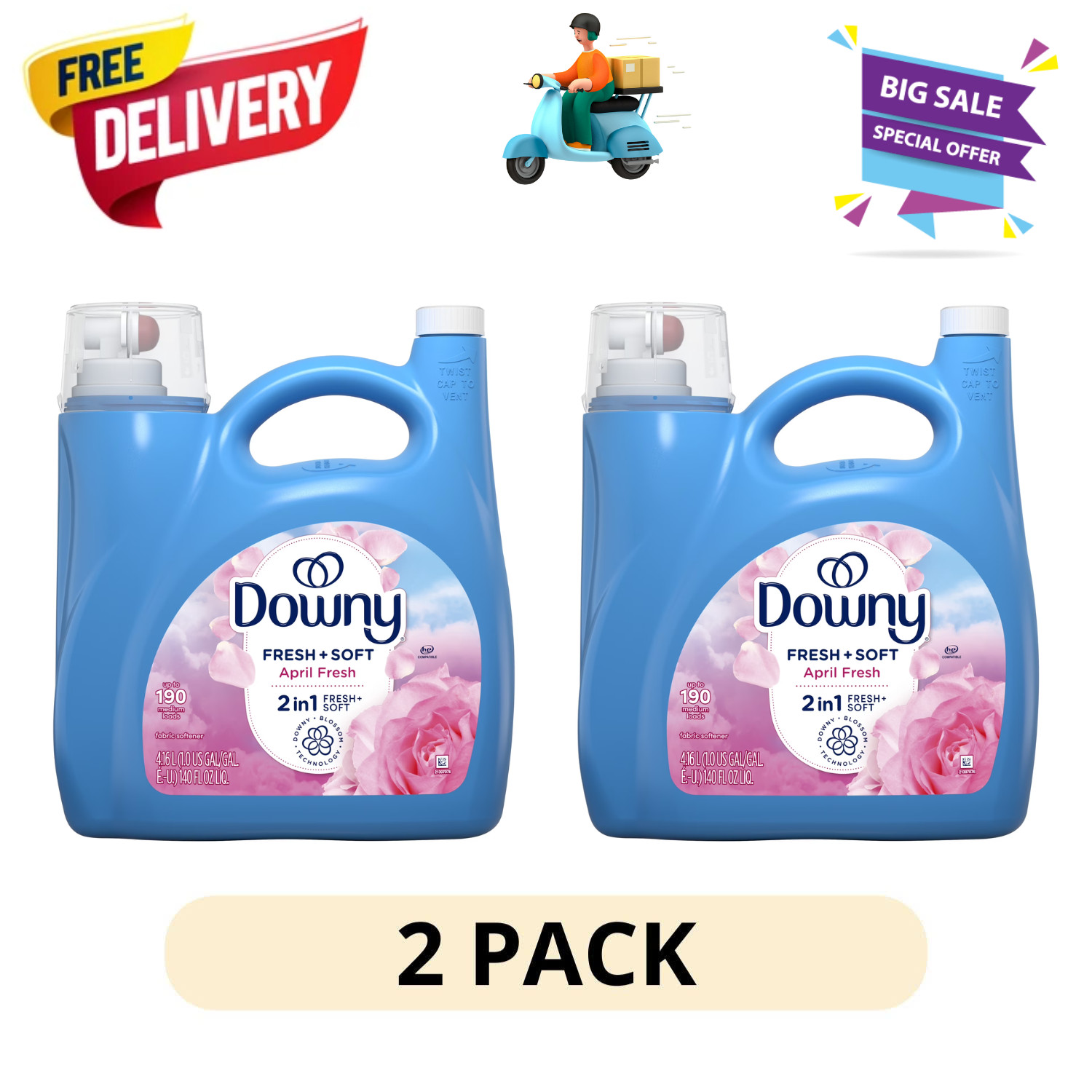 (2 Pack) Downy Fabric Softener Liquid April Fresh Scent 140 fl oz 190 Loads