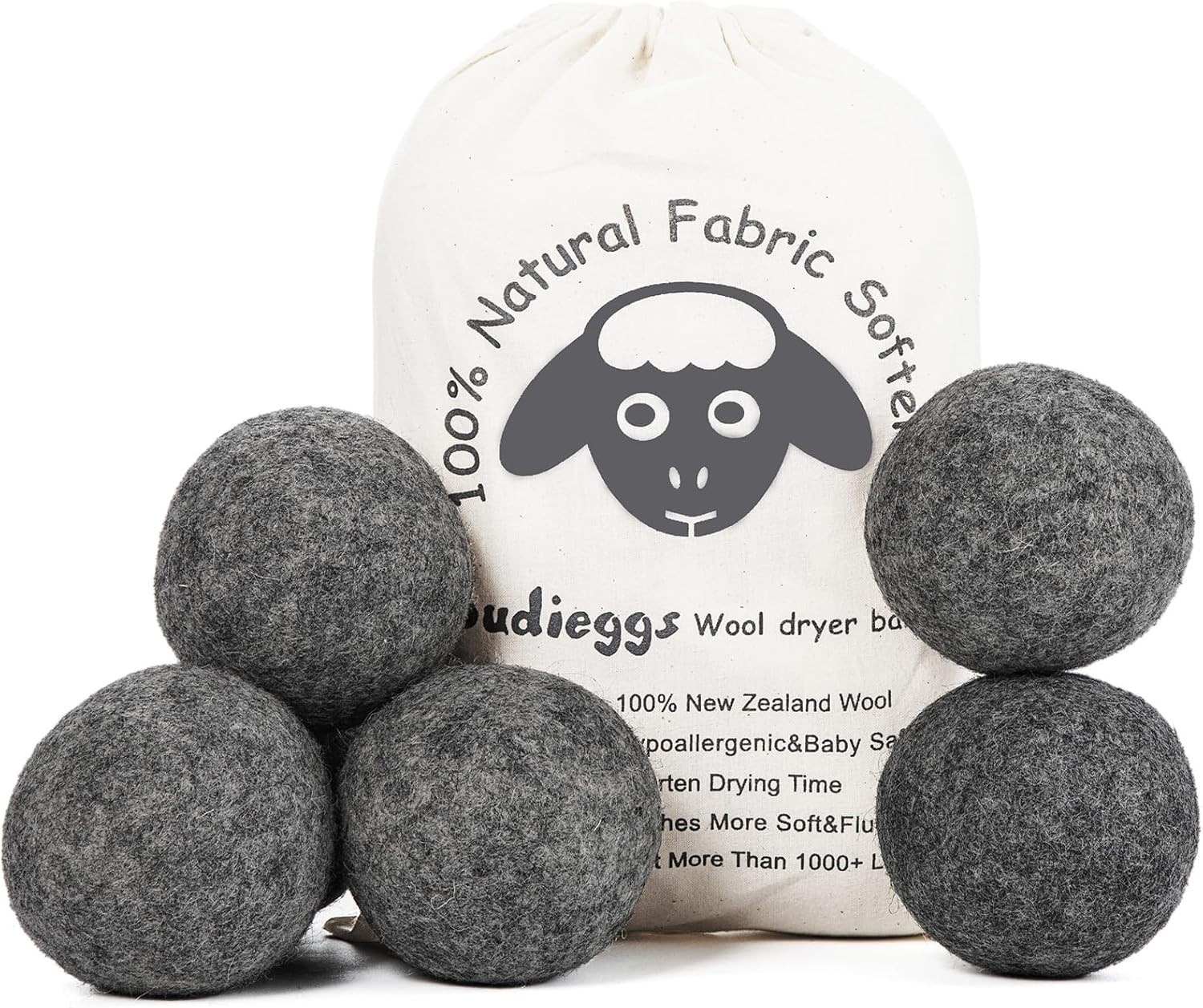 Wool Dryer Balls Dark Grey XL 6-Pack, 100% New Zealand Organic Fabric Softener f