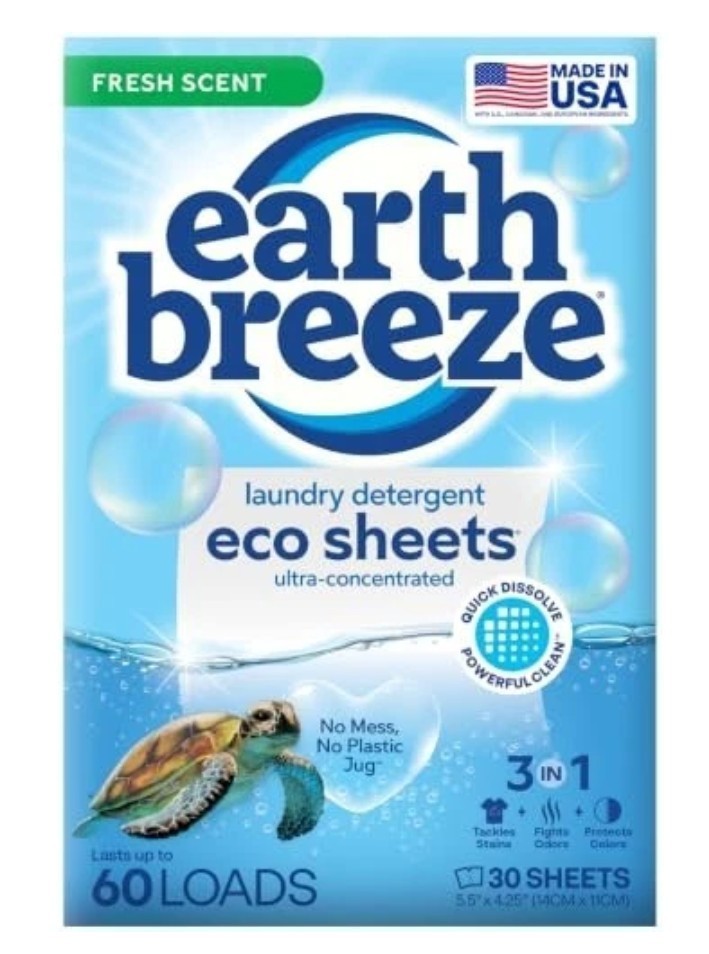 Earth Breeze Laundry Detergent Sheets, Fresh Scent Eco Sheets 30 Count 60 Loads.