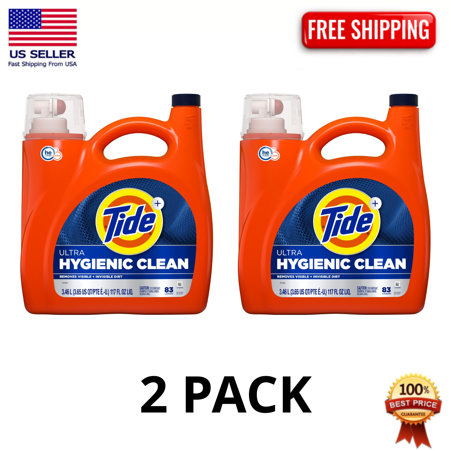 Tide Ultra Hygienic Clean Laundry Detergent Original 117 oz 83 Loads, 2 Pack