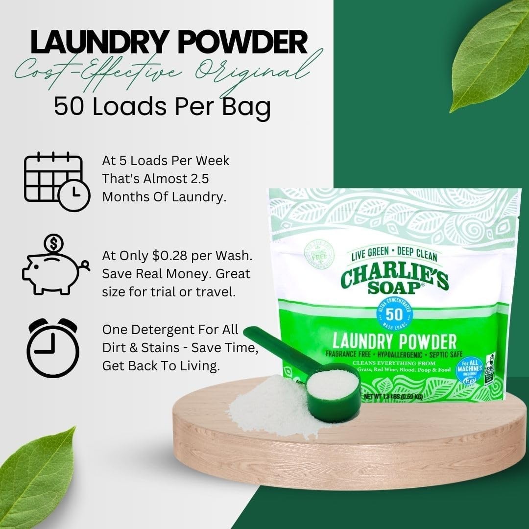 50 Loads Charlie’s Soap Laundry Powder – Biodegradable & Deep Cleaning Detergent
