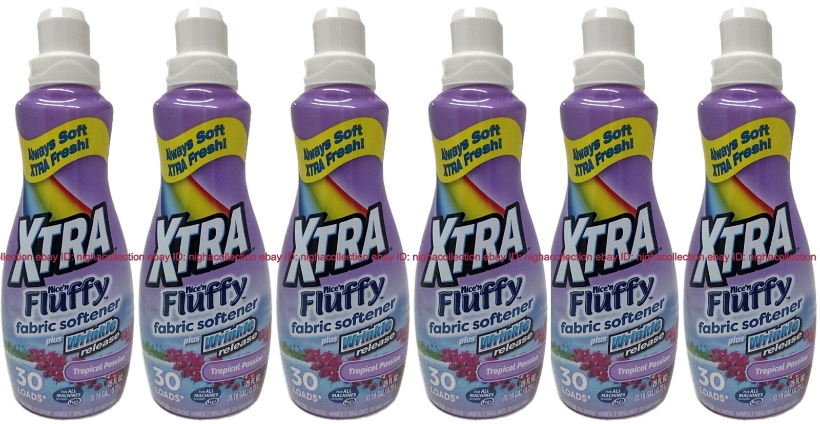 6x xtranice’n Fluffy Liquid Fabric Softener Tropical Passion 25 oz Ea =180 Loads