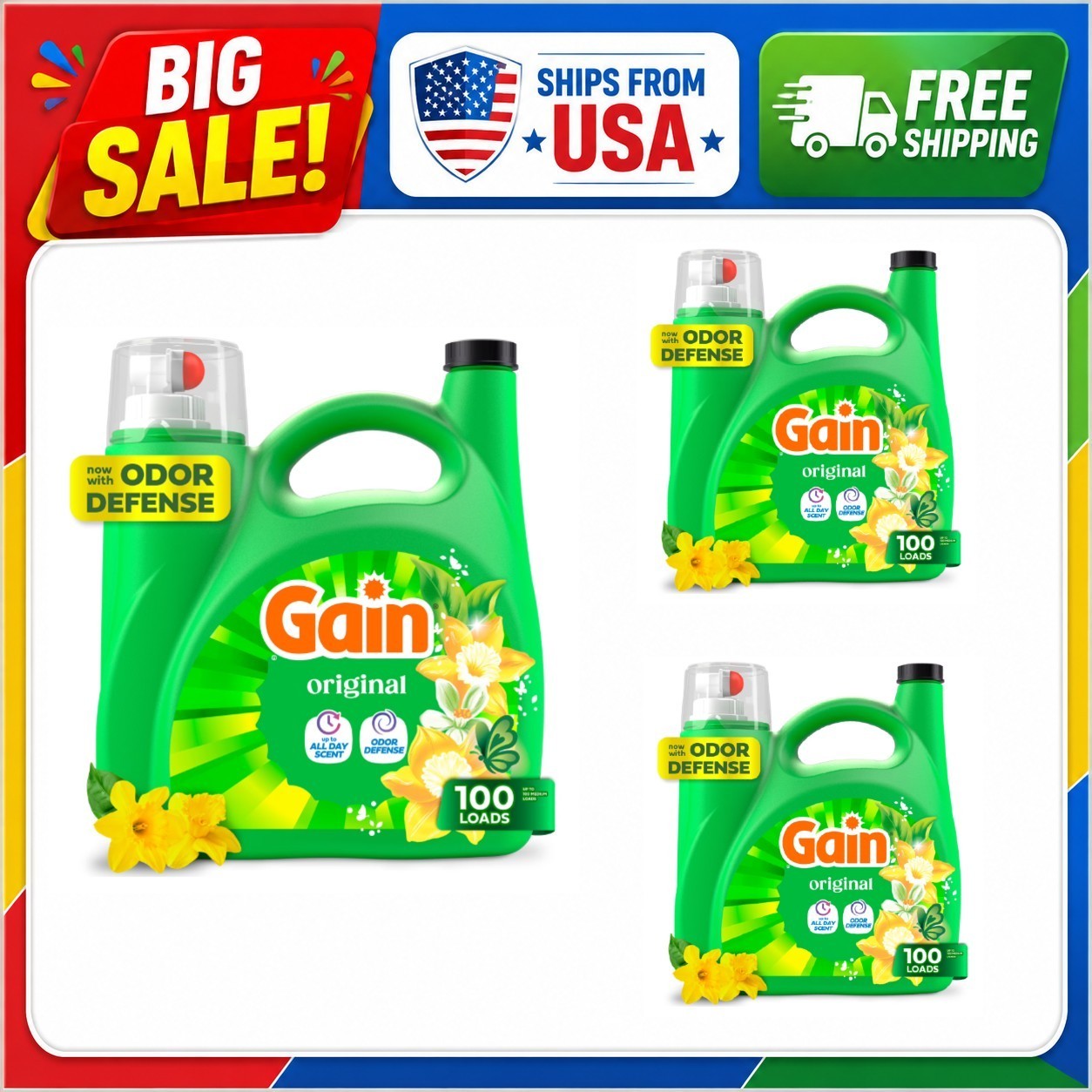 3 Pack Gain Liquid Laundry Detergent Odor Defense Original Scent 132 oz 300 Load