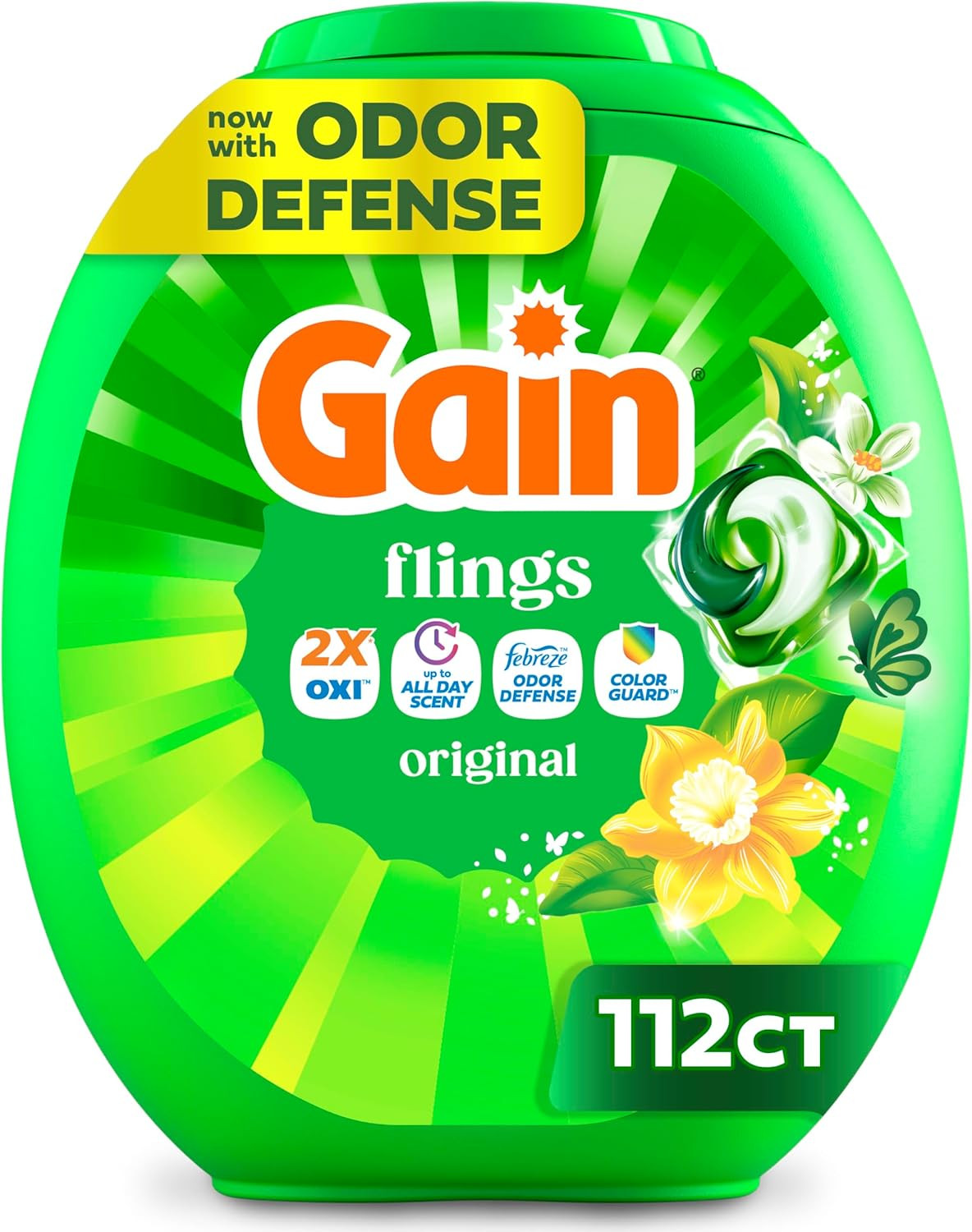 Flings Laundry Detergent Pacs, Odor Defense, 112 Count, Original Scent, 3 in 1 H