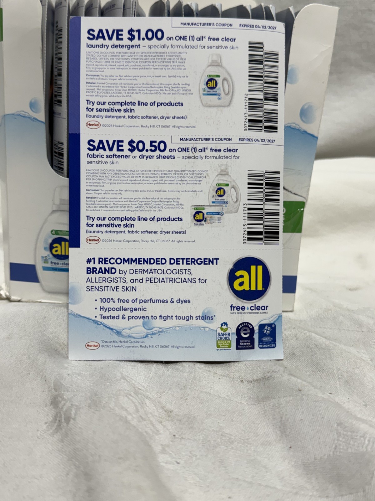 Box of 21 All Free and Clear Laundry Detergent 1.25 oz Travel Size Single Load