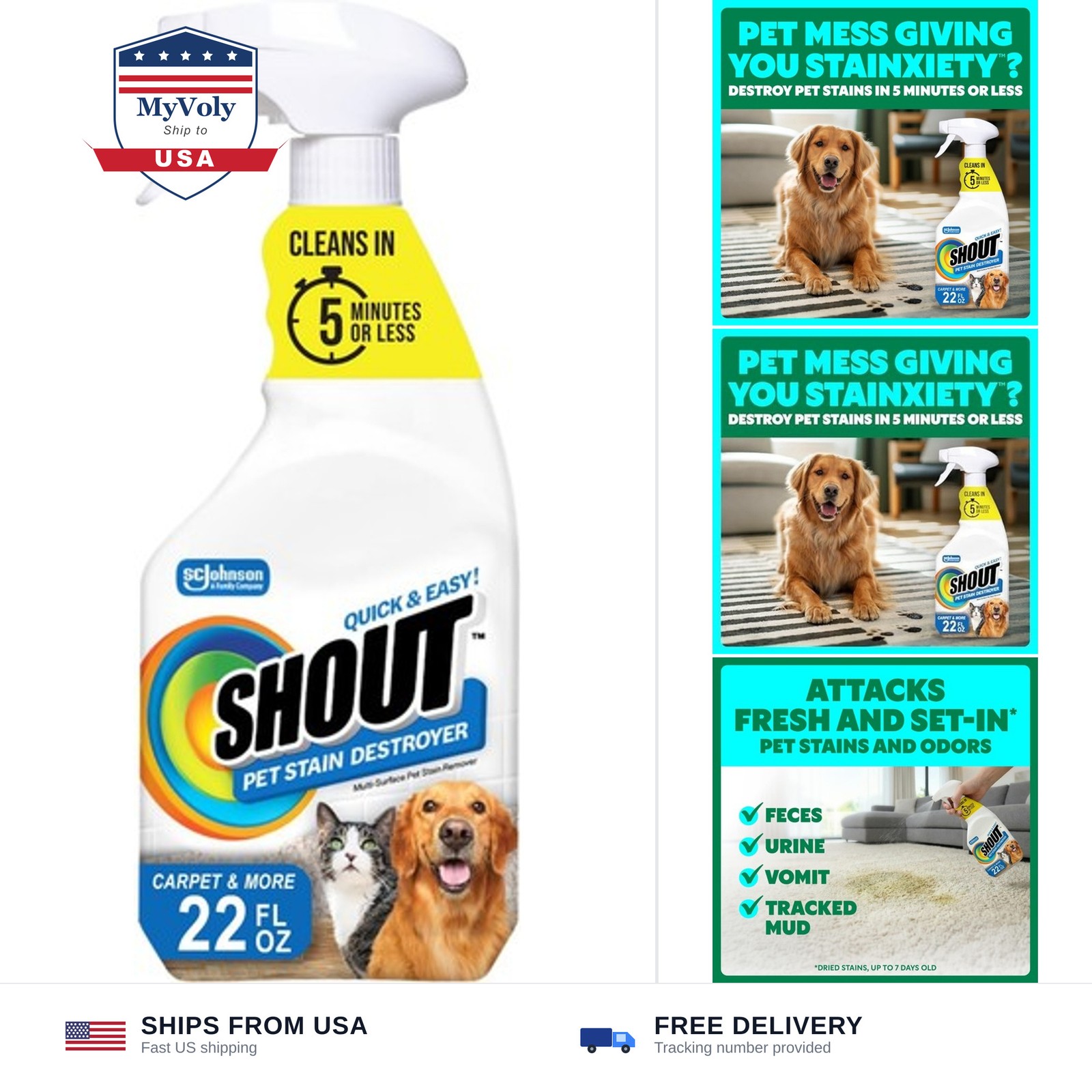 Shout Pet Stain Remover Spray, Color-Safe Multisurface & Carpet Cleaner Solut…