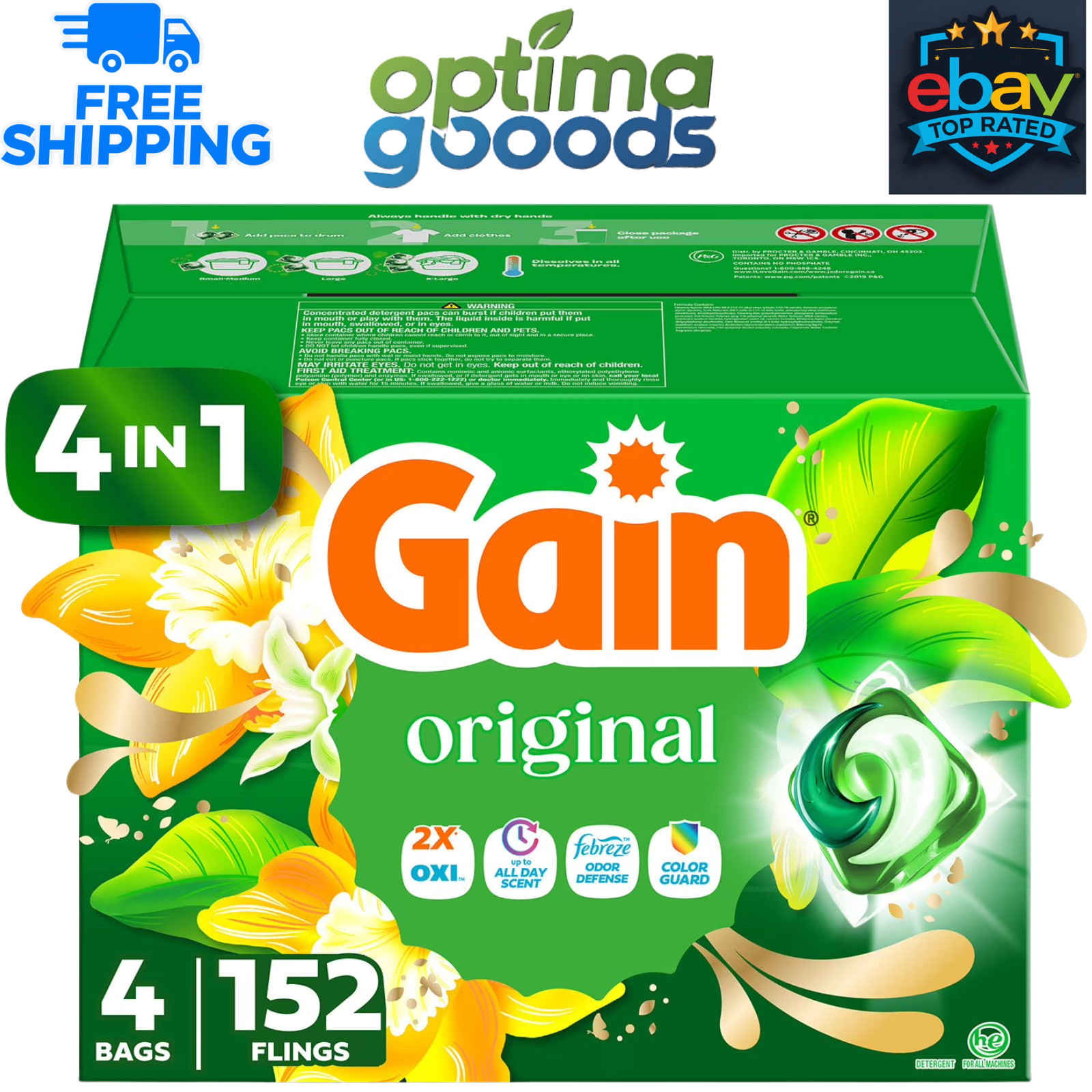 Gain Flings 3-in-1 Laundry Detergent Pacs Original Scent 152 Ct – HE Compatible.