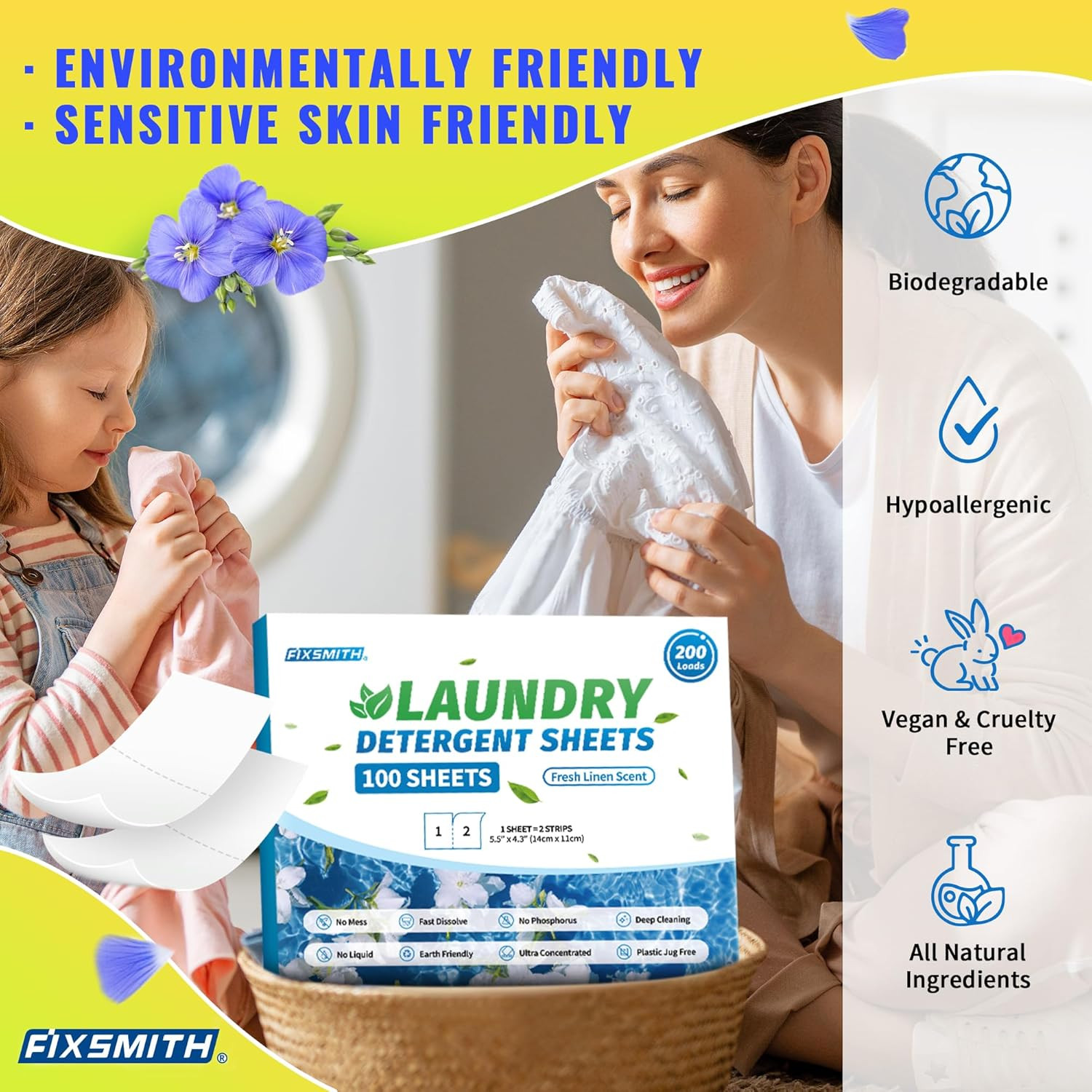 FIXSMITH Laundry Detergent Sheets – 200 Loads (100 Sheets) Fresh Linen Scent – H