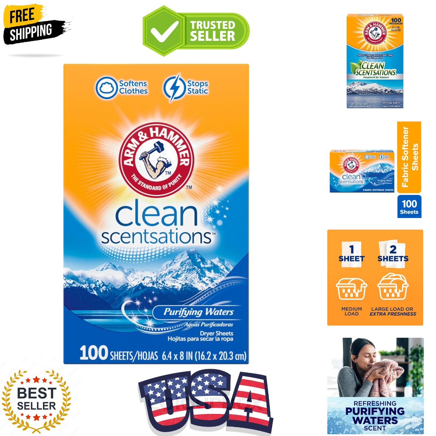 Fabric Softener Sheets, 100 sheets, Purifying Waters