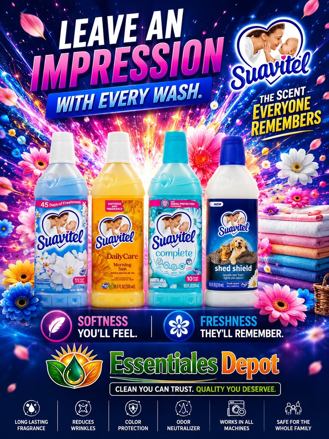 Suavitel Liquid Fabric Softener, (4 Pack Different Scents) 10.5oz Each Bottle