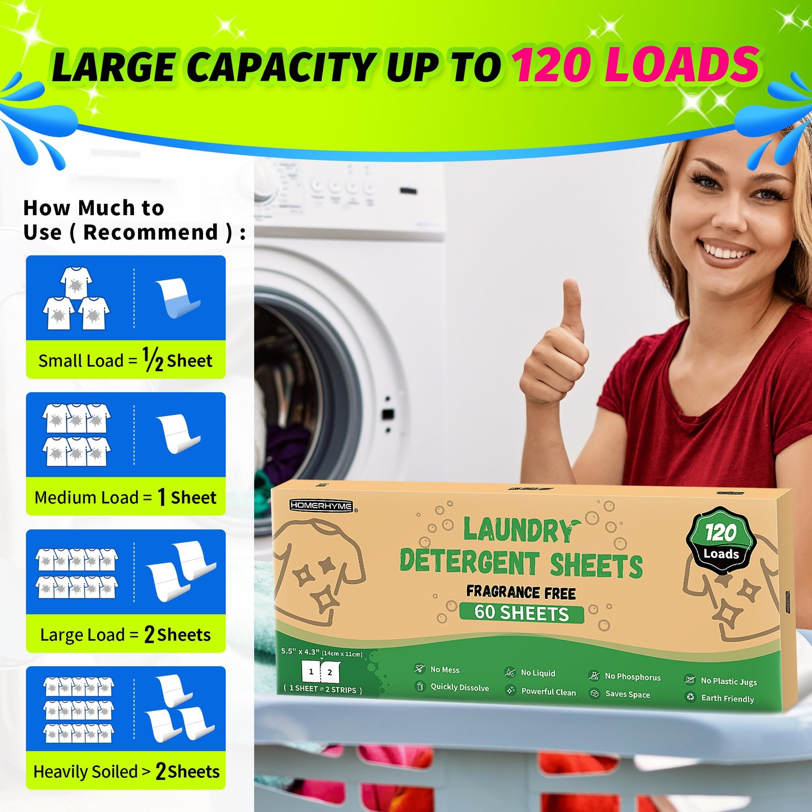HOMERHYME Laundry Detergent Sheets – Up to 120 Loads (60 1 Count (Pack of 60)