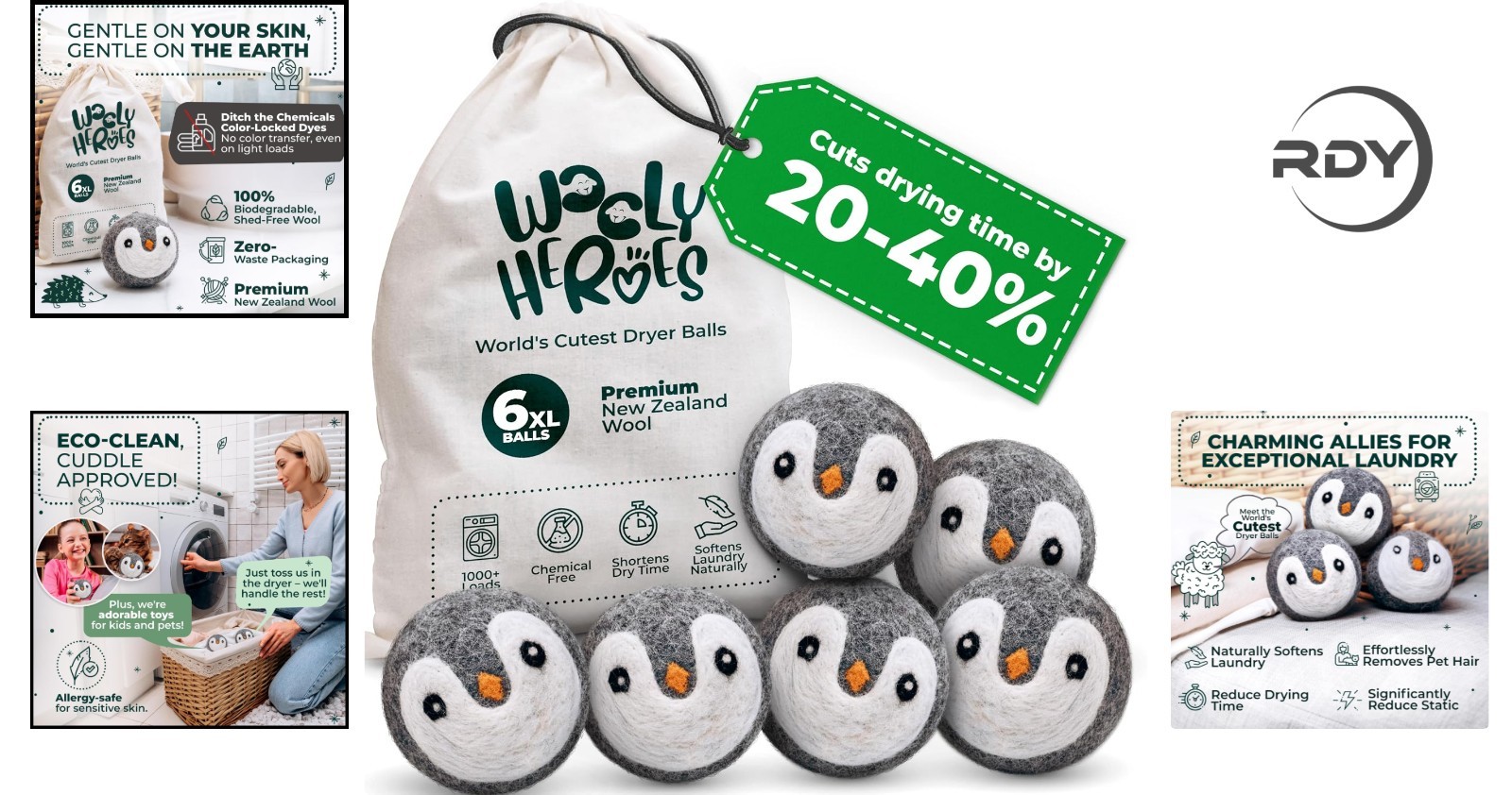 Reusable XL Wool Dryer Balls: 6-Pack Chemical-Free, Adorable Penguin Design