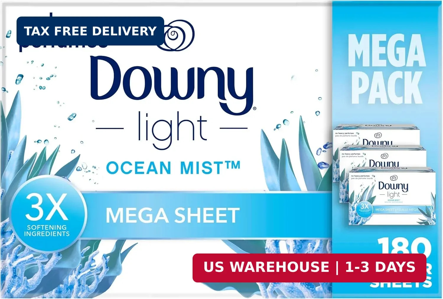 Light Mega Dryer Sheets, Fabric Softener Dryer Sheets, Ocean Mist, 180 Cou