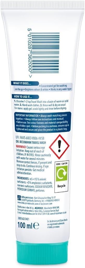 Dr. Beckmann Travel Wash Liquid Detergent 100ml, Up to 20 Washes