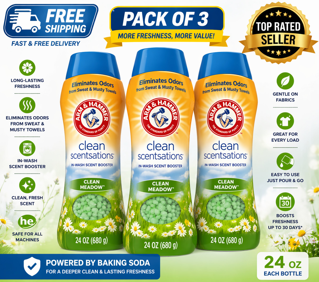Arm & Hammer Clean Meadow Scent Booster 24 oz Pack of 2 Laundry Beads
